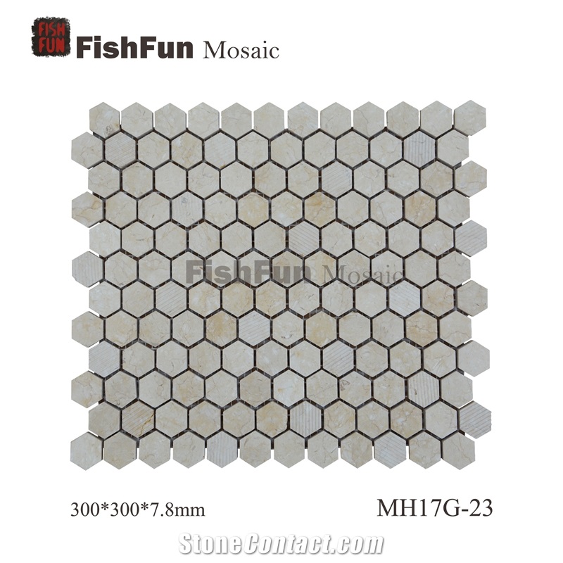 Hexagon Marble Mosaic 23*26.5*7.8, Galala Marble Mosaic, Yellow Marble Mosaic, Polished Surface, Garden & Balcony Marble and Glass Mosaic, Kitchen Marble and Glass Mosaic