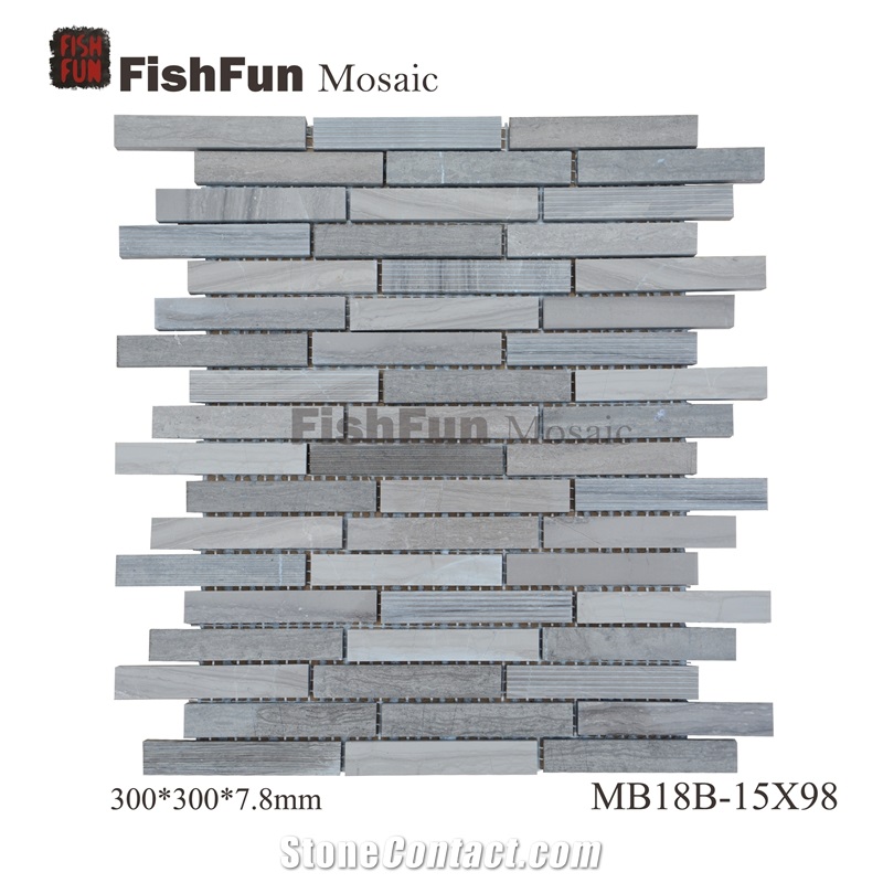 I-Shape Marble Mosaic 15*98*7.9, Athen Grey Marble Mosaic, Grey Marble Mosaic, Polished Surface, Garden & Balcony Marble and Glass Mosaic, Kitchen Marble and Glass Mosaic