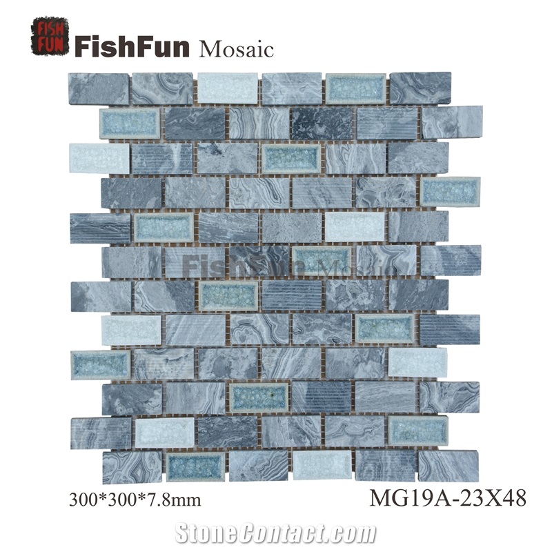 Marble and Ceramic Mosaic 23*48*7.8, Wave Grey Marble Mosaic, Grey Marble Mosaic, Polished Surface, Garden & Balcony Marble and Glass Mosaic, Kitchen Marble Mosaic
