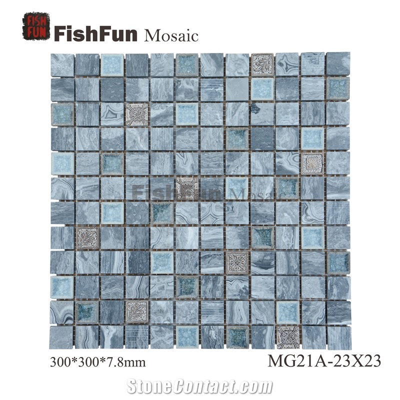 Marble Mosaic 23*23*7.8, Wave Grey Marble Mosaic, Grey Marble Mosaic, Polished Surface, Garden & Balcony Marble and Glass Mosaic, Kitchen Marble Mosaic, Elevator Mosaic