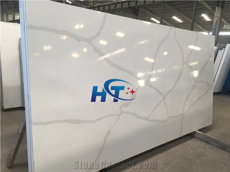 985 a Quality Calacatta White Marble Look Quartz Stone Solid Surfaces Polished Slabs & Tiles Engineered Stone Artificial Stone Slabs for Hotel Kitchen,Bathroom Walling Panel Customized Edges