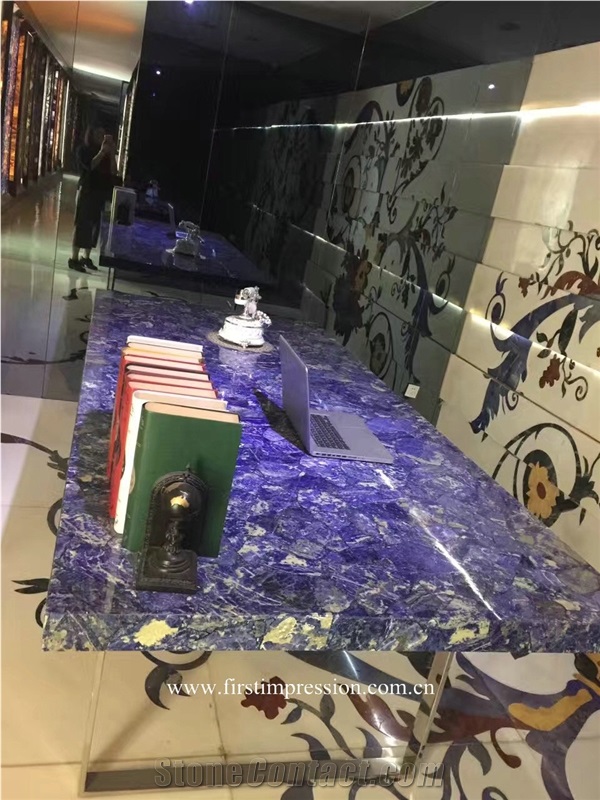 Azul Bahia Semi Precious Stone Slabs ,Sodalite Blue Jasper Backlit,Azule Bahia Gemstone Slabs ,Blue Semiprecious Stone Slabs,Semi Precious Tiles,Gmestone Tiles,Gemstone Slabs, Semi Precious Slabs