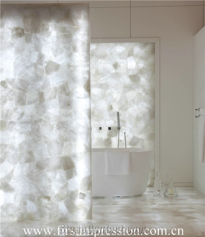 Crystal White Gemstone Bathroom Design/White Crystal Precious Stone Bathroom Countertop/White Luxury Bathroom Ideas /White Crystal Backlit Gemstone Bathroom /White Crystal Wall Panel