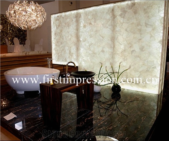 Crystal White Gemstone Bathroom Design/White Crystal Precious Stone Bathroom Countertop/White Luxury Bathroom Ideas /White Crystal Backlit Gemstone Bathroom /White Crystal Wall Panel