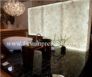Crystal White Gemstone Bathroom Design/White Crystal Precious Stone Bathroom Countertop/White Luxury Bathroom Ideas /White Crystal Backlit Gemstone Bathroom /White Crystal Wall Panel