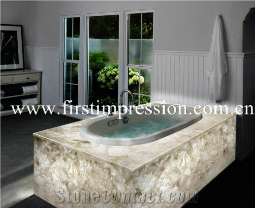 Crystal White Gemstone Bathroom Design/White Crystal Precious Stone Bathroom Countertop/White Luxury Bathroom Ideas /White Crystal Backlit Gemstone Bathroom /White Crystal Wall Panel
