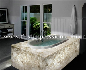 Crystal White Gemstone Bathroom Design/White Crystal Precious Stone Bathroom Countertop/White Luxury Bathroom Ideas /White Crystal Backlit Gemstone Bathroom /White Crystal Wall Panel