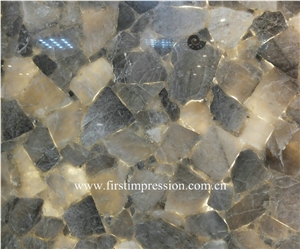 Grey Crystal Gemstone Slabs Backlit , Grey Quartz Stone Walltiles, Luxury Translucent Grey Rock Crystal Stone Panels,Semi Precious Stone Slab,Grey Quartz Interior Decoration