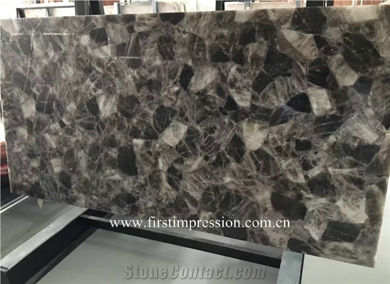 Grey Crystal Gemstone Slabs , Grey Crystal Gemstone Slabs,Grey Quartz Stone Wall Tiles, Luxury Translucent Smoke Crystal Stone Panels,Semi Precious Stone Slab,Grey Quartz Interior Decoration