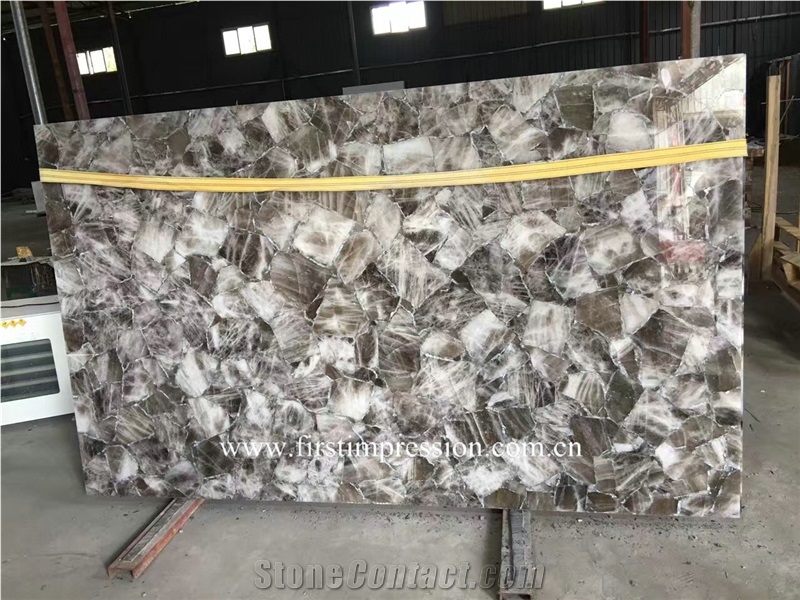Grey Crystal Gemstone Slabs , Grey Crystal Gemstone Slabs,Grey Quartz Stone Wall Tiles, Luxury Translucent Smoke Crystal Stone Panels,Semi Precious Stone Slab,Grey Quartz Interior Decoration
