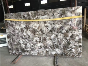 Grey Quartz Stone Wall Tiles, Luxury Translucent Smoke Crystal Stone Panels,Semi Precious Stone Slab,Grey Quartz Interior Decoration,Grey Crystal Gemstone Slabs Backlit , Grey Crystal Gemstone Slabs