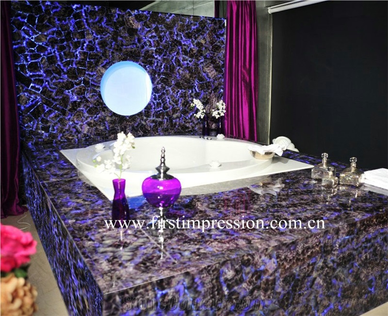 Purple Crystal Gemstone Bathroom Design ,Amethyst Semiprecious Backlit,Lilac Semi Precious Stone Wall Panel & Tiles,Violet Precious Stone Bathroom Ideas,Purple Crystal Tathroom Flooring