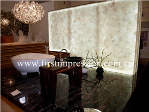 White Crystal Gemstone Slab Backlit /Luxury White Crystal Semi-Precious Stone Slab/White Semi Precious Stone Slab for Wall Panels/Precious Stone Panel/White Crystal Stone for Home Decoration