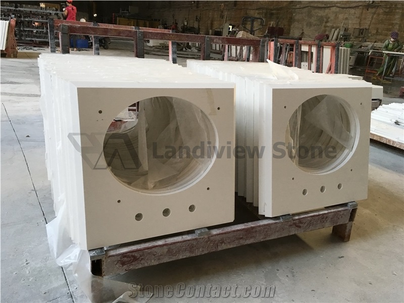Quartz Vanity Tops, Pure White Quartz Vanity Tops, 45 Degree Mitred Cut