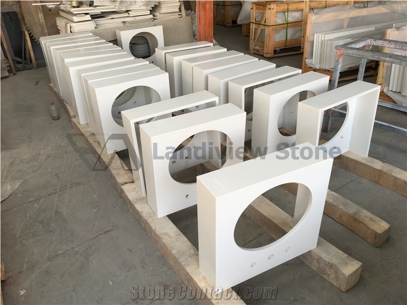 Quartz Vanity Tops, Pure White Quartz Vanity Tops, 45 Degree Mitred Cut