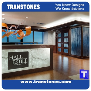 Artificial Engineered Stone Bianco Carrara White Marble Panel Reception Desk,Show Table,Translucent Backlit Stone Consulting Counter Top,Solid Surface Transtones Customzied