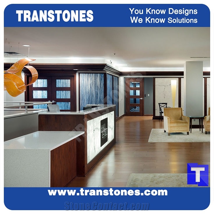 Artificial Engineered Stone Bianco Carrara White Marble Panel Reception Desk,Show Table,Translucent Backlit Stone Consulting Counter Top,Solid Surface Transtones Customzied