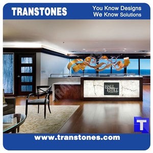 Artificial Engineered Stone Bianco Carrara White Marble Panel Reception Desk,Show Table,Translucent Backlit Stone Consulting Counter Top,Solid Surface Transtones Customzied