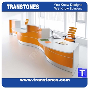 Orange Aritificial Marble Acrylic Stone Work Tops,Office Reception Desk Table Design,Solid Surface Engineered Stone Counter Tops,Solid Surface Transtones Customized