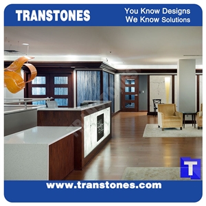 Project Show Artificial Bianco Carrara Marble Wall Panel Tile for Reception Desk,Show Table,Translucent Backlit White Quartz Stone Consulting Counter Top,Engineered Stone Solid Surface Manufacture
