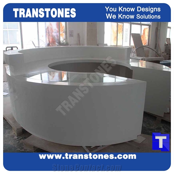 Pure White Acrylic Aritificial Marble Stone Work Tops,Office Round Reception Desk Table Design, Engineered Stone Counter Tops,Solid Surface Front Desk for Hotel Project