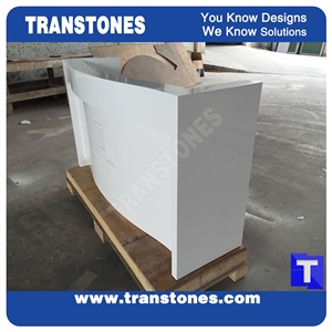 Pure White Acrylic Aritificial Marble Stone Work Tops,Office Round Reception Desk Table Design, Engineered Stone Counter Tops,Solid Surface Front Desk for Hotel Project