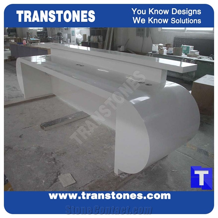 Pure White Led Acrylic Aritificial Marble Stone Work Tops,Office Reception Desk Table Bench Top Design, Engineered Stone Counter Tops,Solid Surface Front Desk for Hotel Project