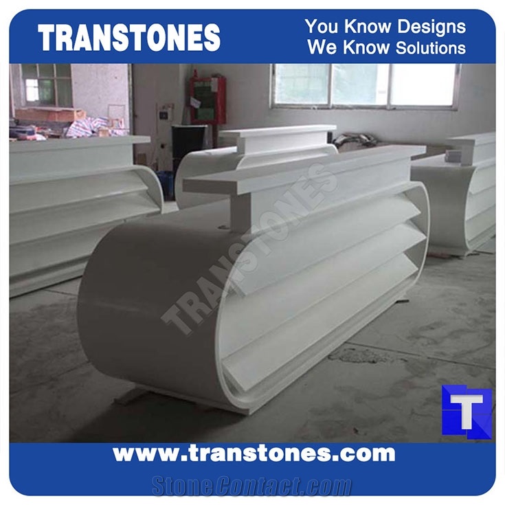 Pure White Led Acrylic Aritificial Marble Stone Work Tops,Office Reception Desk Table Bench Top Design, Engineered Stone Counter Tops,Solid Surface Front Desk for Hotel Project