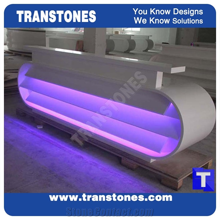 Pure White Led Acrylic Aritificial Marble Stone Work Tops,Office Reception Desk Table Bench Top Design, Engineered Stone Counter Tops,Solid Surface Front Desk for Hotel Project