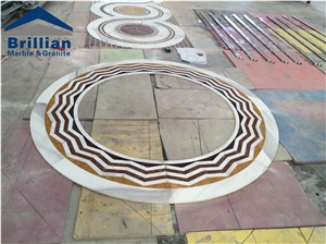 White Marble Iberica Water-Jet Waterjet Decorative Patterns Round Medallions, Thin Laminated, Inlayed Floor Project, Light Emperador ,Crema Marfil ,Rosso Oliva, Entryways, Foyers Lobbies Tiles