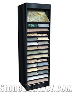 Blue-Marble Display Stand Racks Showroom White-Granite Waterfall Tile Sample Display Stands Crema-Marfil Black Display Stand Racks Onyx Display Racks Silver-Travertine Hanging Displays