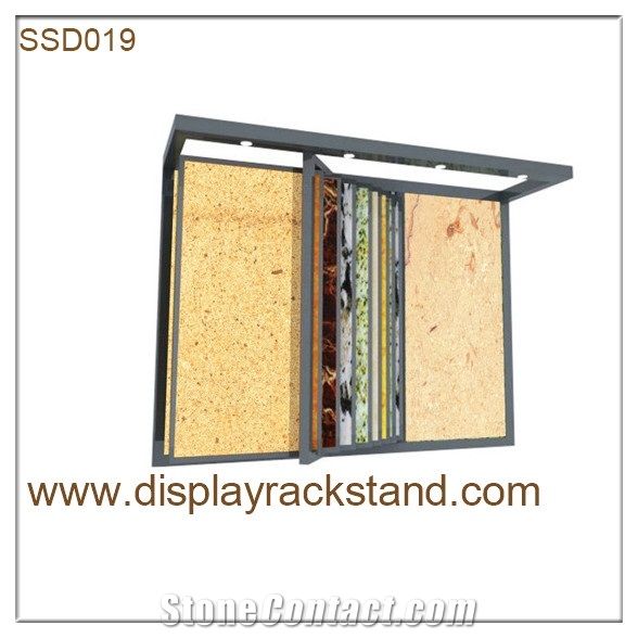 Blue-Marble Display Stand Racks Showroom White-Granite Waterfall Tile Sample Display Stands Crema-Marfil Black Display Stand Racks Onyx Display Racks Silver-Travertine Hanging Displays