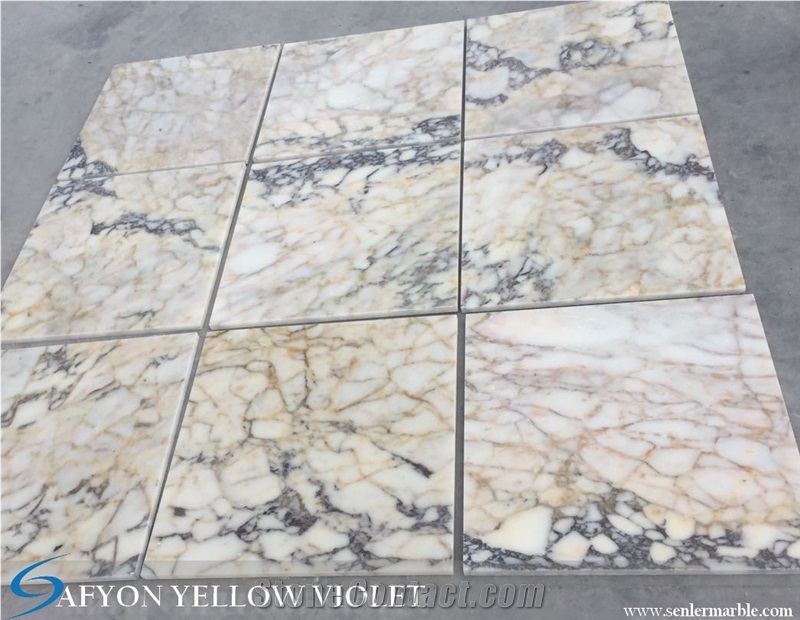 Afyon Yellow Violet, Afyon Violet, Turkish Afyon Violet, Purle Veins, Yellow Veins, White Marble, Paonazetto Marble, Polished Afyon Violet