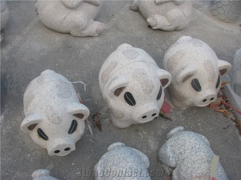 Whte Granite Happy Pigs Sculpture