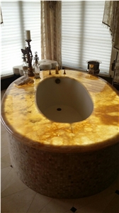 Translucent Honey Onyx Bath Tub Deck, Travertine Mosaic Surround Translucent Honey Onyx Bath Tub Deck, Travertine Mosaic Surround