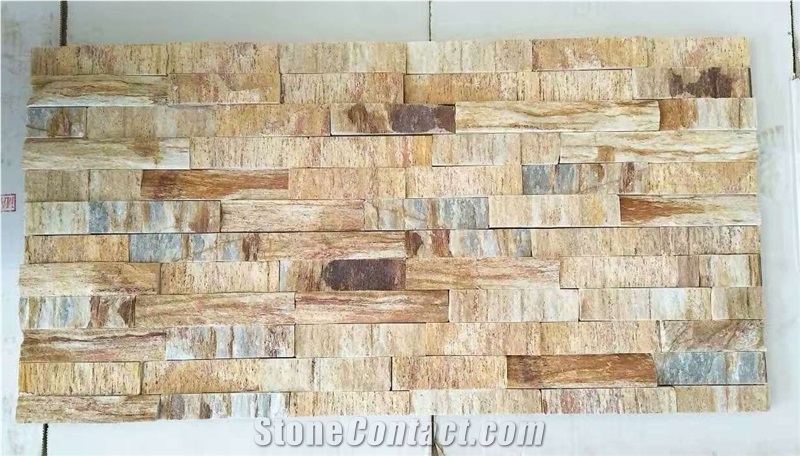 Wooden Golden Stacked Stone Veneer, Yellow Travertine Cultured Stone