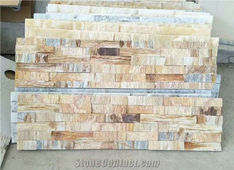 Wooden Golden Stacked Stone Veneer, Yellow Travertine Cultured Stone