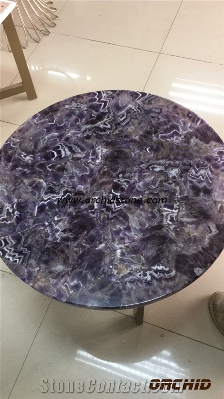 Amethyst Semi Precious Stone Backlit Table Tops,Lilac Gemstone Translucent Reception Desk,Coffee Table,Table Tops for Hotel Lobby,Lilac Quartz Tabel Tops,Desk Tops