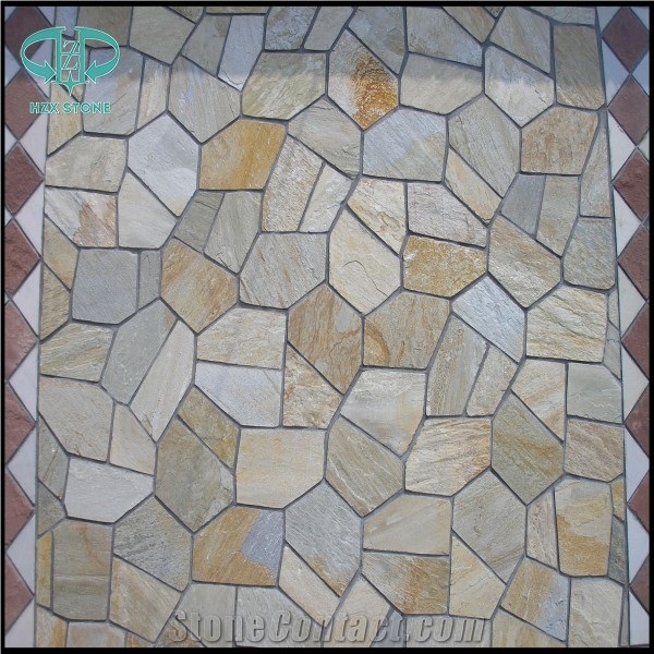 Garden Multi Yellow Slate Mesh Paver,Yellow Wooden Slate Crazy Paver on Mesh,Slate Landscaping Flagestone,Cheap Flagstone /Rustic Slate Flagstone / Irregular Flagstones/Flagstone Walkway Pavers /Slate