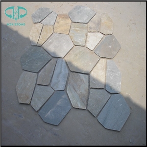 Garden Multi Yellow Slate Mesh Paver,Yellow Wooden Slate Crazy Paver on Mesh,Slate Landscaping Flagestone,Cheap Flagstone /Rustic Slate Flagstone / Irregular Flagstones/Flagstone Walkway Pavers /Slate