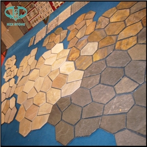 Garden Multi Yellow Slate Mesh Paver,Yellow Wooden Slate Crazy Paver on Mesh,Slate Landscaping Flagestone,Cheap Flagstone /Rustic Slate Flagstone / Irregular Flagstones/Flagstone Walkway Pavers /Slate
