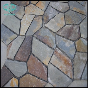 Garden Multi Yellow Slate Mesh Paver,Yellow Wooden Slate Crazy Paver on Mesh,Slate Landscaping Flagestone,Cheap Flagstone /Rustic Slate Flagstone / Irregular Flagstones/Flagstone Walkway Pavers /Slate