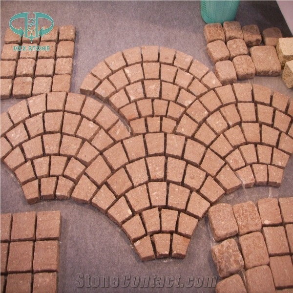 Red Granite Exterior Pattern, Red Porphyry Patio Pavers, Antique Bricks,Cube Stone on Mesh