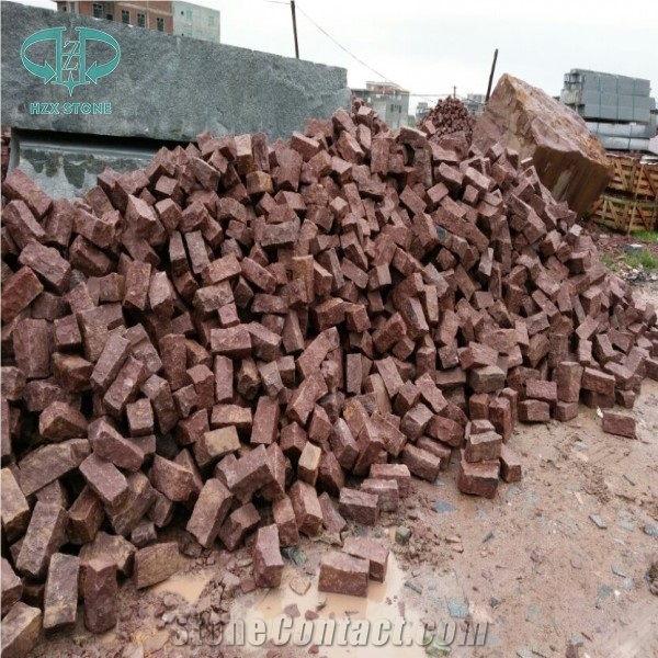 Red Granite Exterior Pattern, Red Porphyry Patio Pavers, Antique Bricks,Cube Stone on Mesh