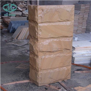Yellow Sandstone Mushroom Wall, Yellow Wooden Mushroom Wall Cladding, Split Face Mushroom Stone, Yellow Veins Mushroom Stone