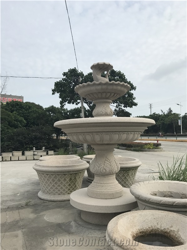 China Yellow Granite Garden Fountain,Exterior Stone Sculptured Fountain,Landscape Water Features