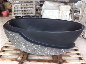 Honed and Natural Surface Finished Lava Stone Bathtub,Black Stone Oval Bathtub