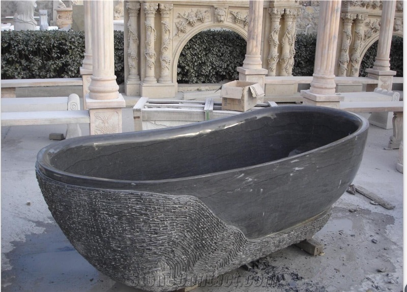 Honed and Natural Surface Finished Lava Stone Bathtub,Black Stone Oval Bathtub