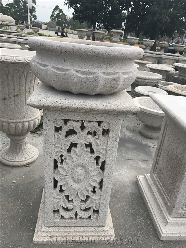 White Granite Flower Pot Sets,Ourdoor Garden Stone Planters,Handcarved Stone Landscaping Planters