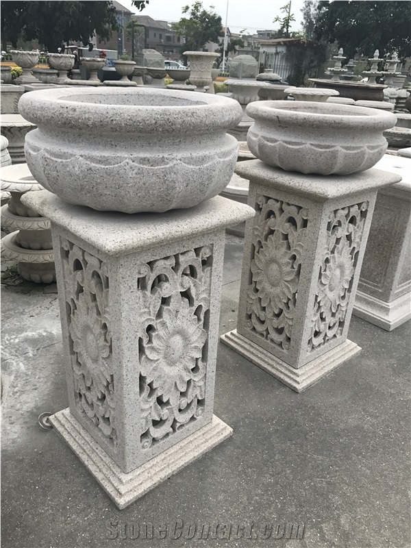 White Granite Flower Pot Sets,Ourdoor Garden Stone Planters,Handcarved Stone Landscaping Planters